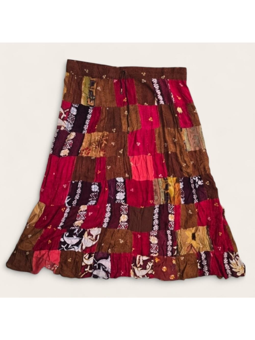 Boho Chic Patchwork Cottage Style Brown And Pink Maxi Skirt